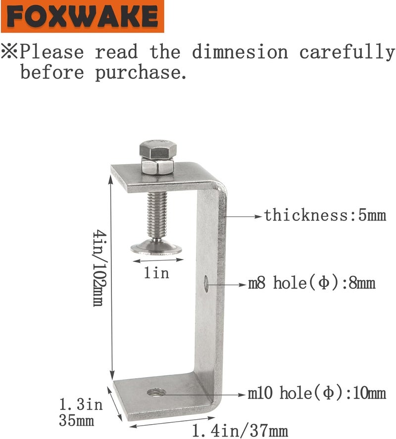 foxwake Stainless Steel C Clamps 3.8In for Mounting, Heavy Duty Metal U Clamp for Metal Working Small Desk Clamp with Stable Wide Jaw Opening & Protective Pads/I-Beam Design (2pcs) - Image 2